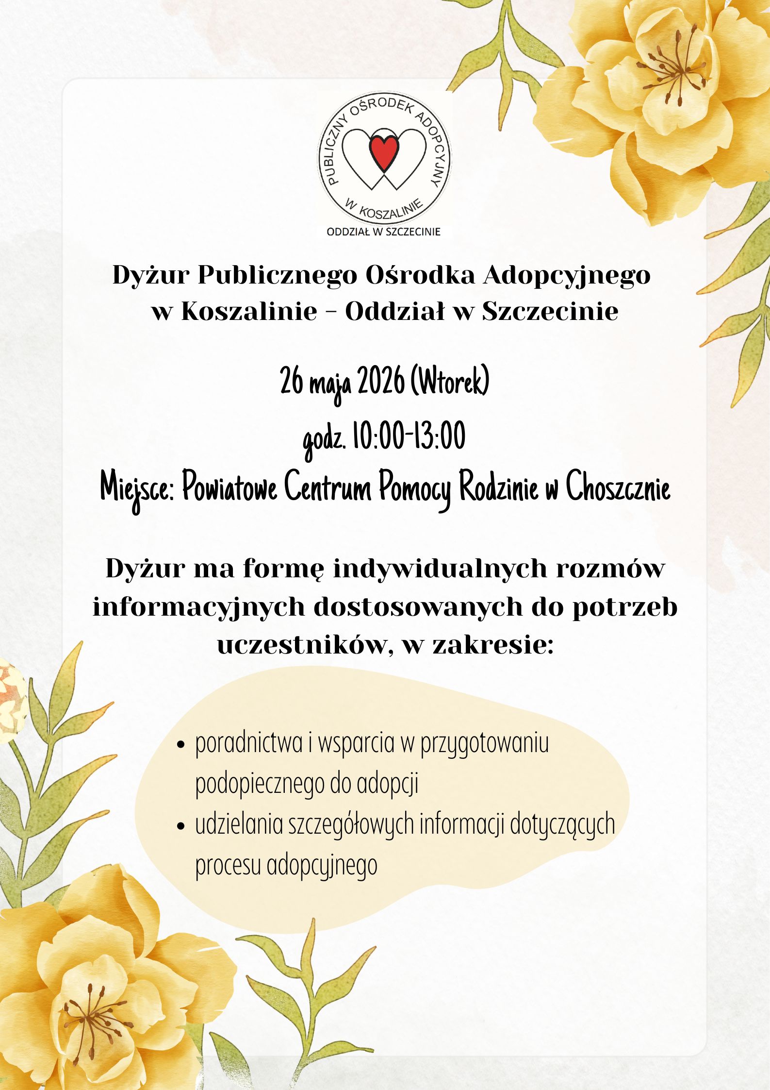 Informacja o&nbsp;dyżurze Publicznego Ośrodka Adopcynego w&nbsp;Koszalinie Oddział w&nbsp;Szczecinie, kt&oacute;ry ma odbyć się 26.05.2026 r. w&nbsp;godz. 10-13 w&nbsp;siedzibie PCPR Choszczno, ul. Bolesława Chrobrego 27a